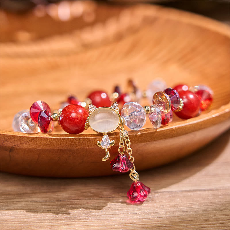 Hand-Carved Cat's Eye & Clear Quartz Beaded Gemstone Bracelet