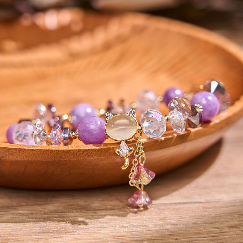 Hand-Carved Cat's Eye & Clear Quartz Beaded Gemstone Bracelet