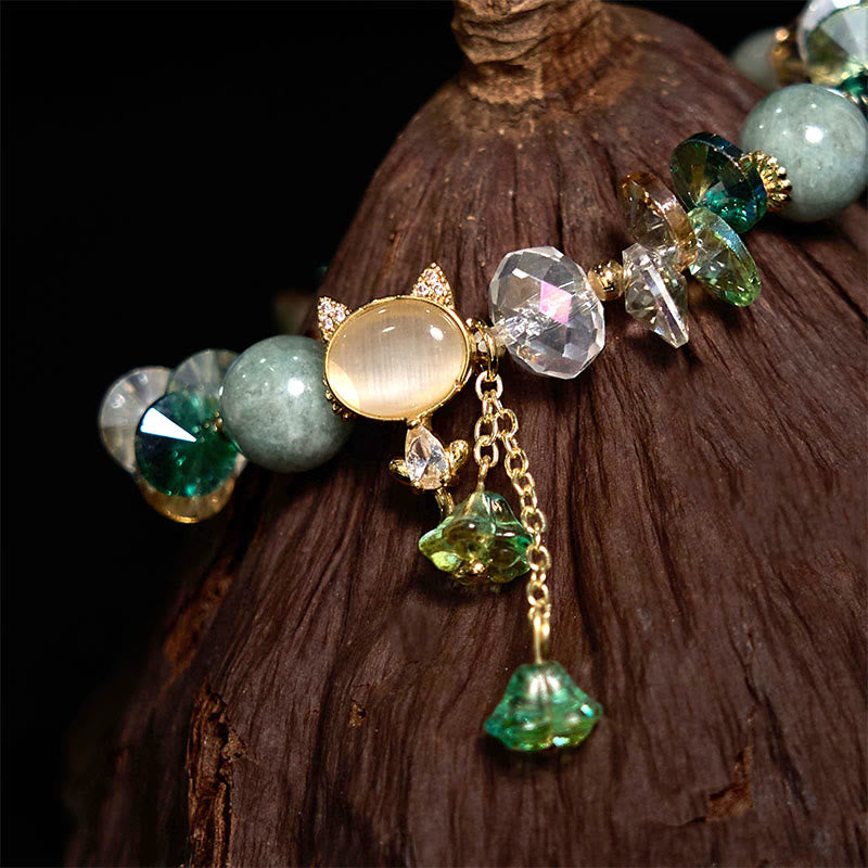 Hand-Carved Cat's Eye & Clear Quartz Beaded Gemstone Bracelet