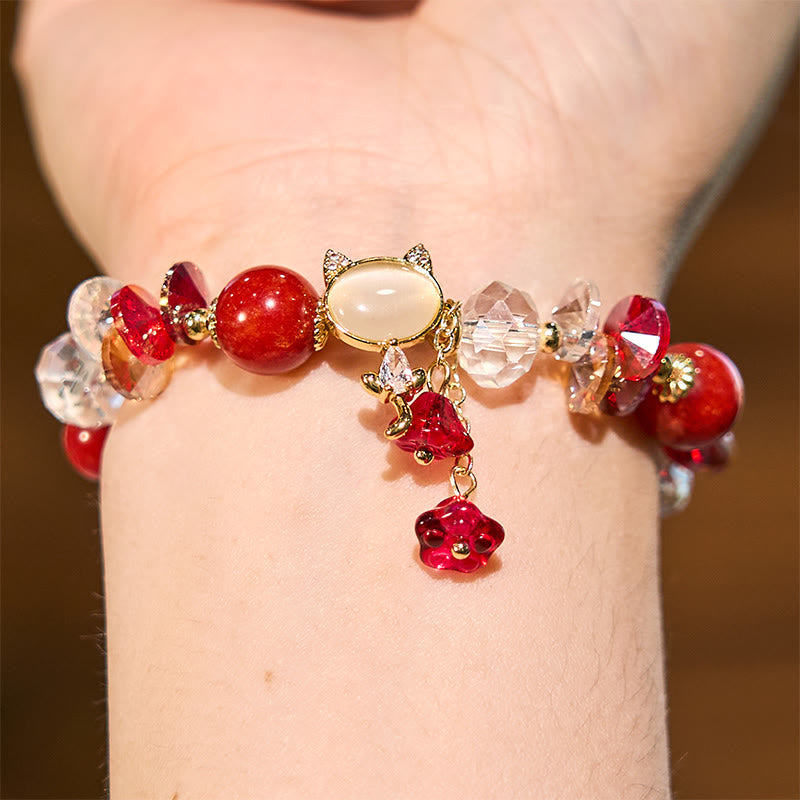 Hand-Carved Cat's Eye & Clear Quartz Beaded Gemstone Bracelet