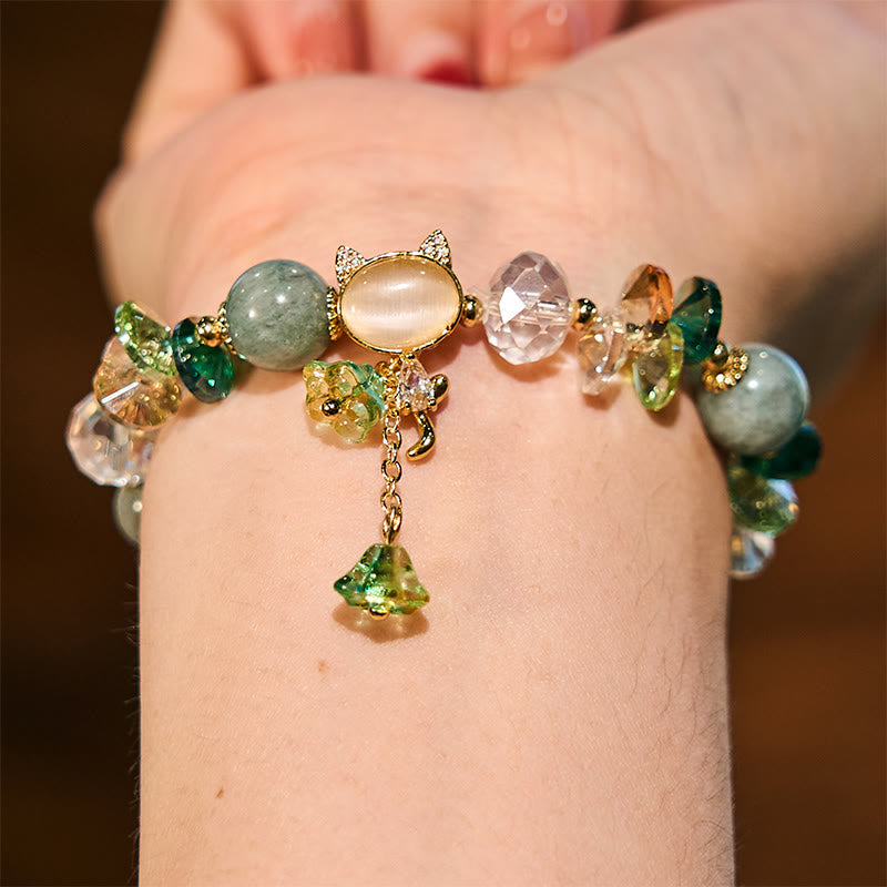 Hand-Carved Cat's Eye & Clear Quartz Beaded Gemstone Bracelet