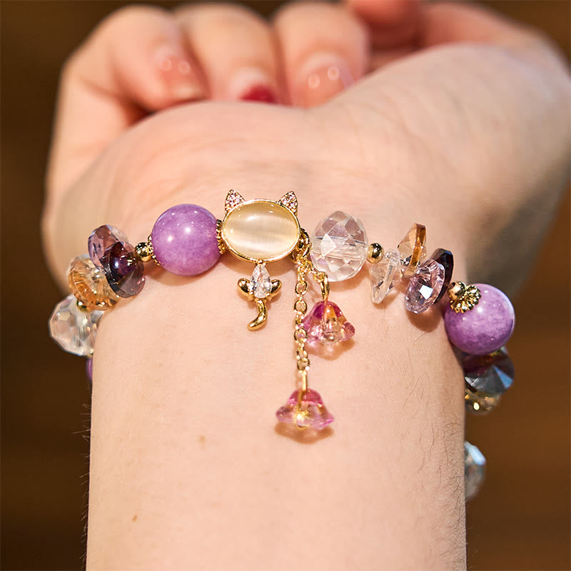 Hand-Carved Cat's Eye & Clear Quartz Beaded Gemstone Bracelet