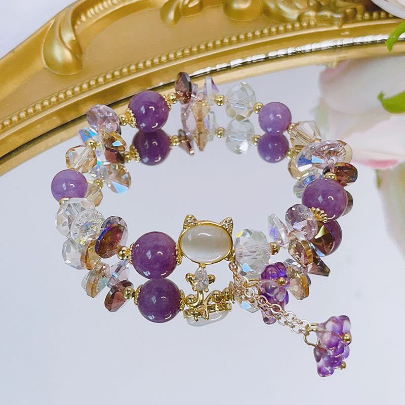 Hand-Carved Cat's Eye & Clear Quartz Beaded Gemstone Bracelet