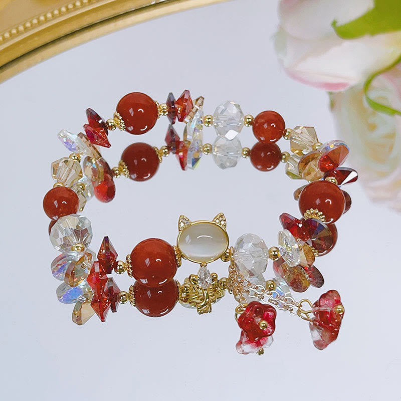 Hand-Carved Cat's Eye & Clear Quartz Beaded Gemstone Bracelet