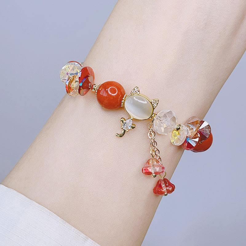 Hand-Carved Cat's Eye & Clear Quartz Beaded Gemstone Bracelet