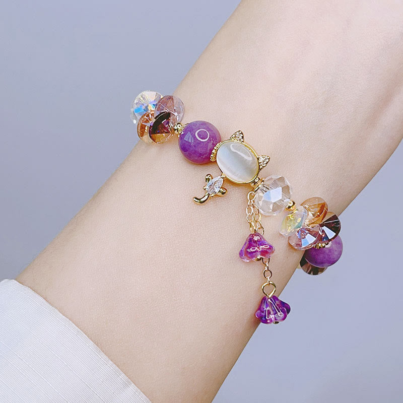 Hand-Carved Cat's Eye & Clear Quartz Beaded Gemstone Bracelet