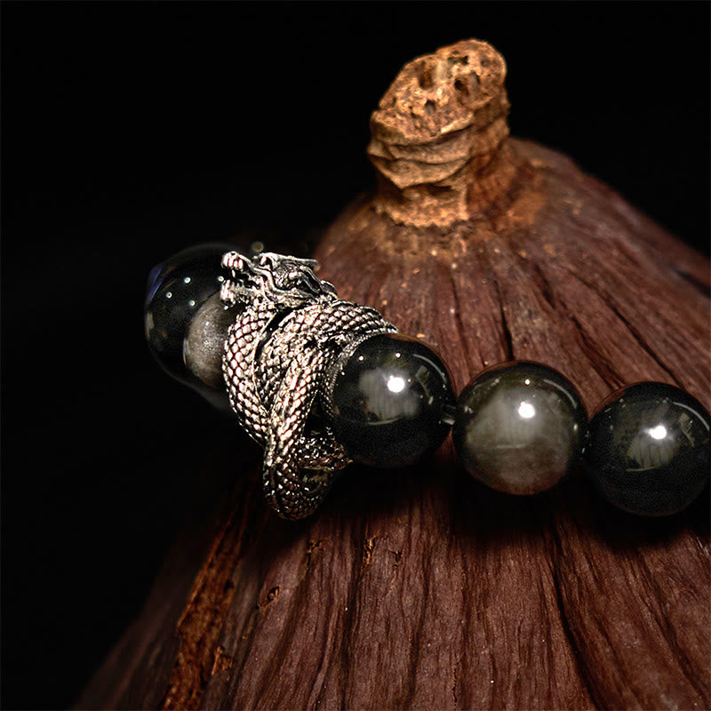 Handmade Silver Sheen Obsidian and Copper Dragon Beaded Bracelet