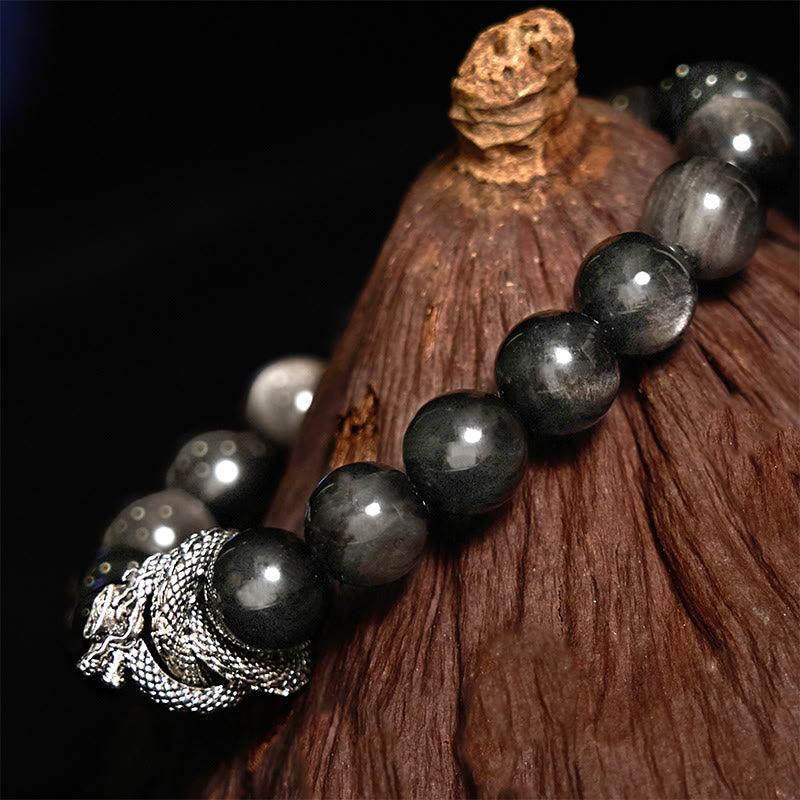 Handmade Silver Sheen Obsidian and Copper Dragon Beaded Bracelet