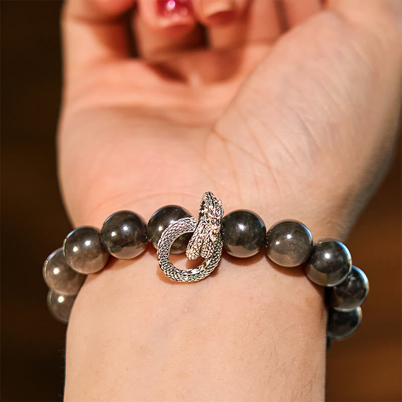 Handmade Silver Sheen Obsidian and Copper Dragon Beaded Bracelet