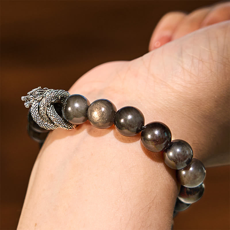 Handmade Silver Sheen Obsidian and Copper Dragon Beaded Bracelet