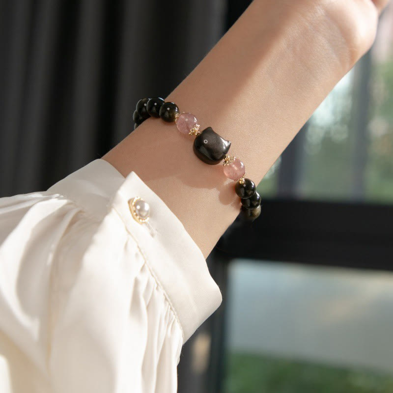 Black Obsidian Strawberry Quartz Beads Silver Sheen Obsidian Cat Head Strength Bracelet