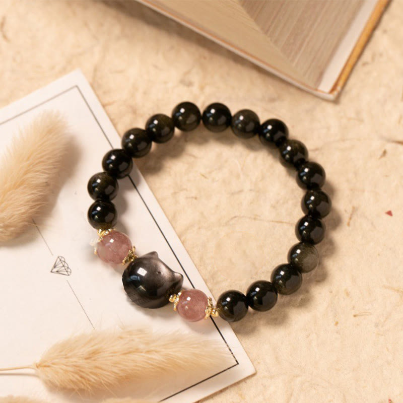 Black Obsidian Strawberry Quartz Beads Silver Sheen Obsidian Cat Head Strength Bracelet