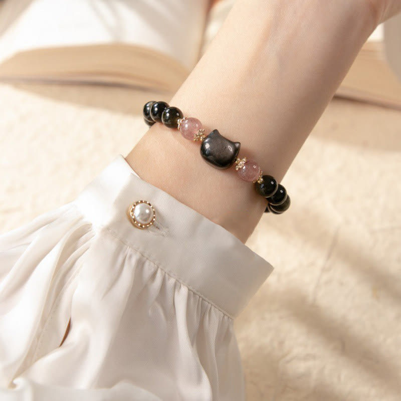 Black Obsidian Strawberry Quartz Beads Silver Sheen Obsidian Cat Head Strength Bracelet