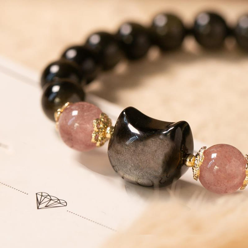 Black Obsidian Strawberry Quartz Beads Silver Sheen Obsidian Cat Head Strength Bracelet