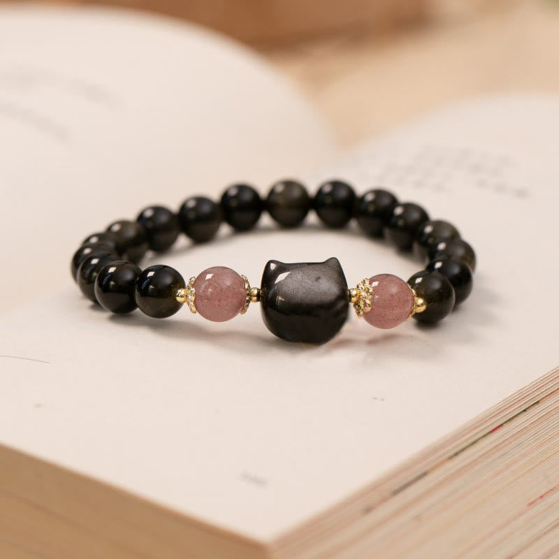 Black Obsidian Strawberry Quartz Beads Silver Sheen Obsidian Cat Head Strength Bracelet