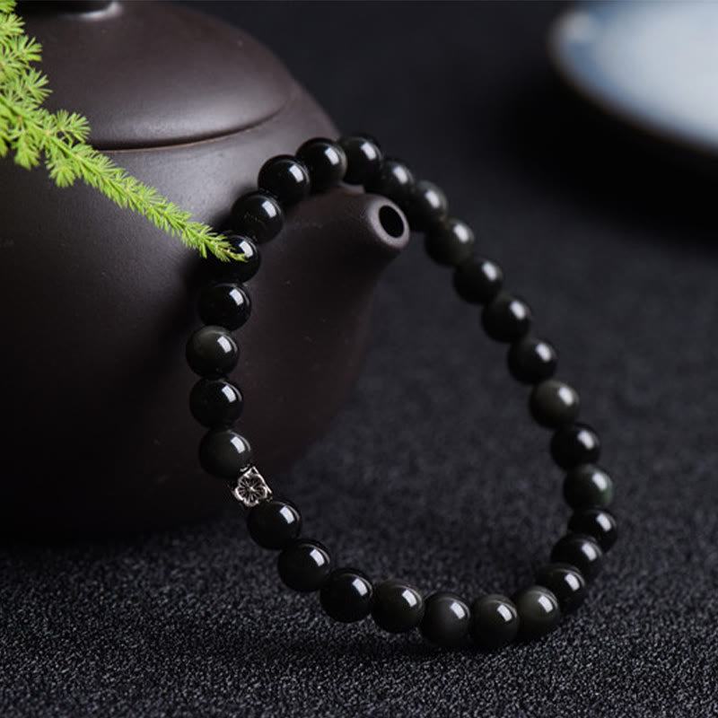 Black Obsidian Bead 925 Sterling Silver Flower Design Purification Bracelet