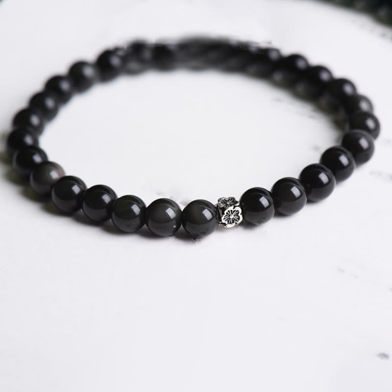Black Obsidian Bead 925 Sterling Silver Flower Design Purification Bracelet