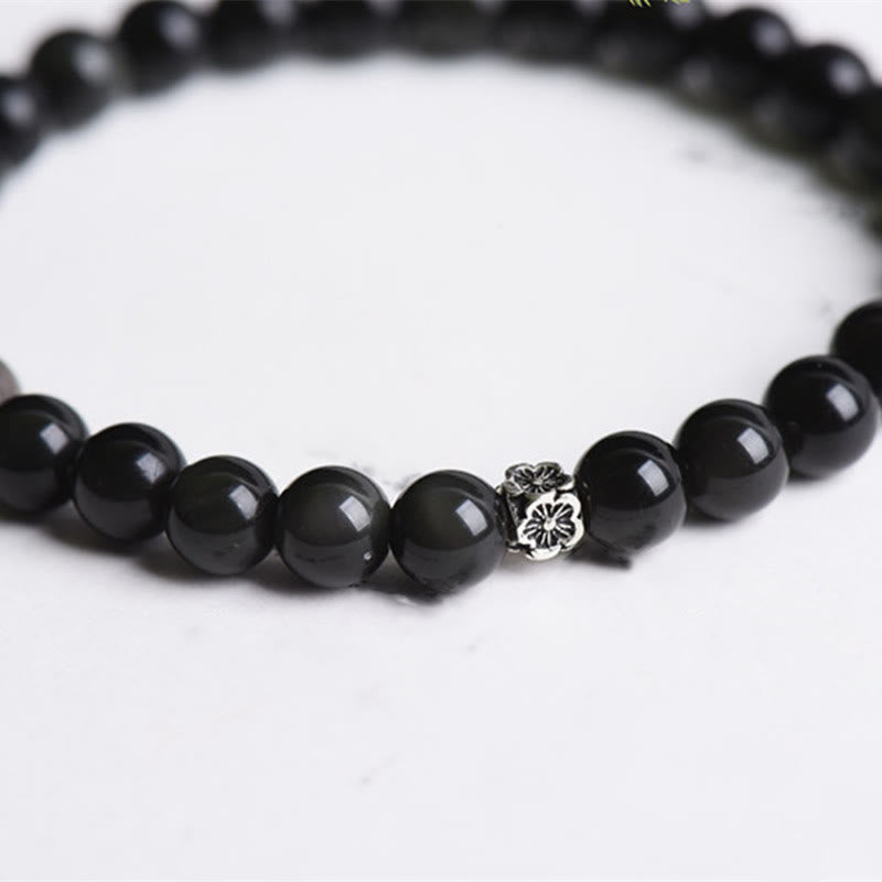 Black Obsidian Bead 925 Sterling Silver Flower Design Purification Bracelet