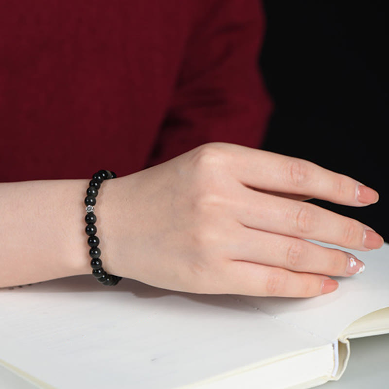 Black Obsidian Bead 925 Sterling Silver Flower Design Purification Bracelet