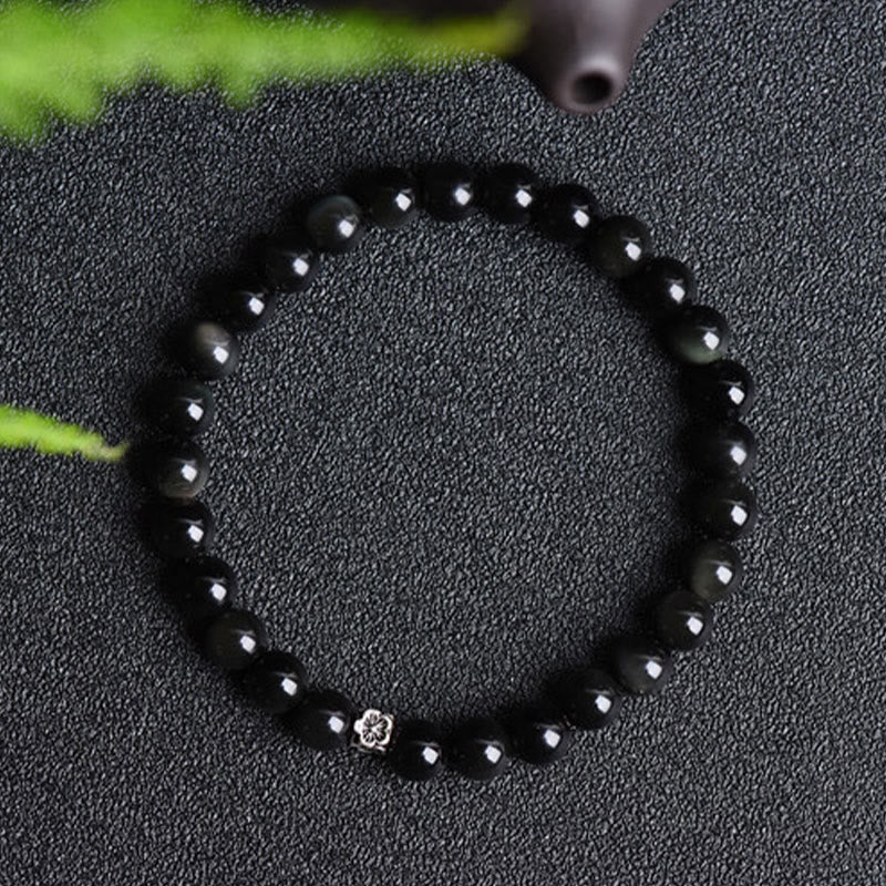 Black Obsidian Bead 925 Sterling Silver Flower Design Purification Bracelet