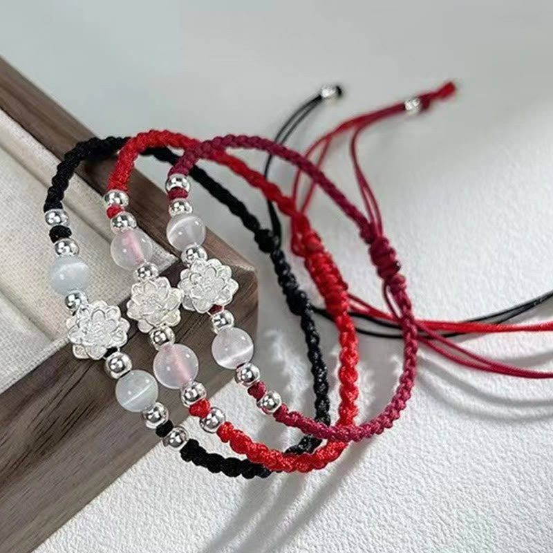 999 Sterling Silver Lotus Design Cat's Eye Bead Protection String Bracelet