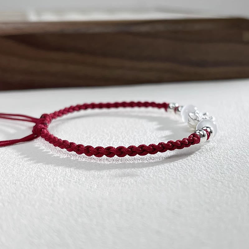 999 Sterling Silver Lotus Design Cat's Eye Bead Protection String Bracelet