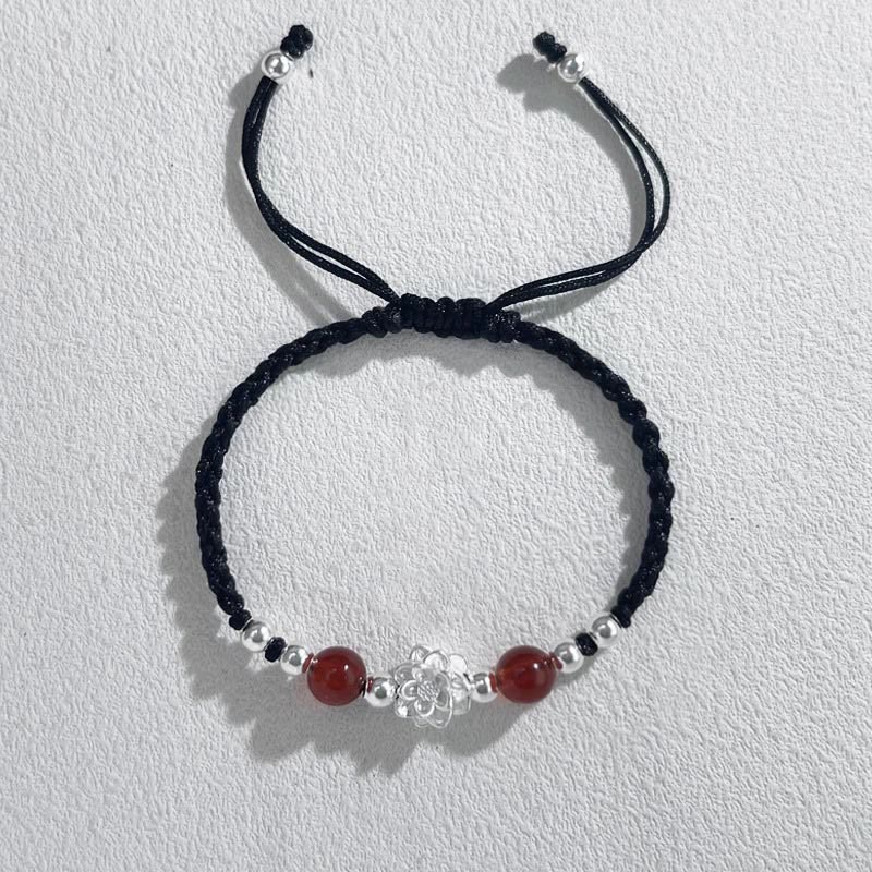 999 Sterling Silver Lotus Design Cat's Eye Bead Protection String Bracelet