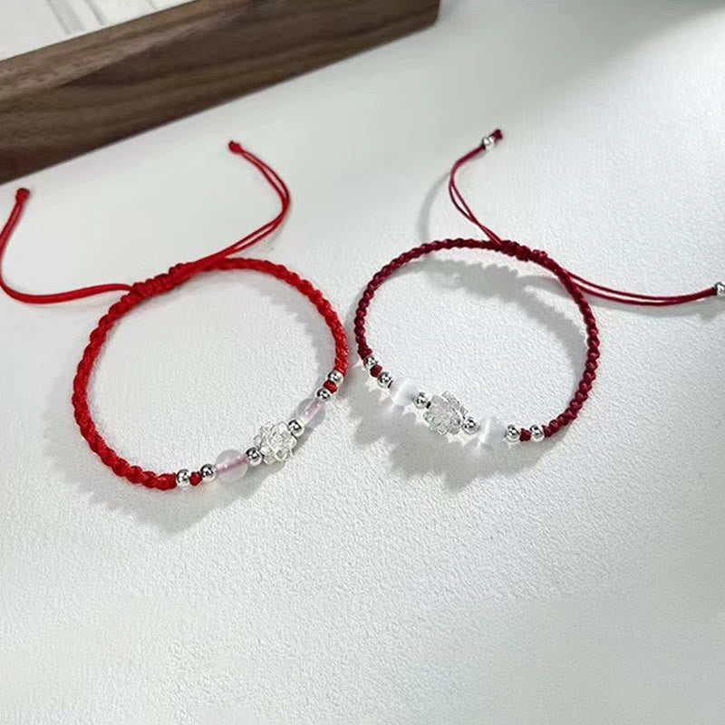 999 Sterling Silver Lotus Design Cat's Eye Bead Protection String Bracelet