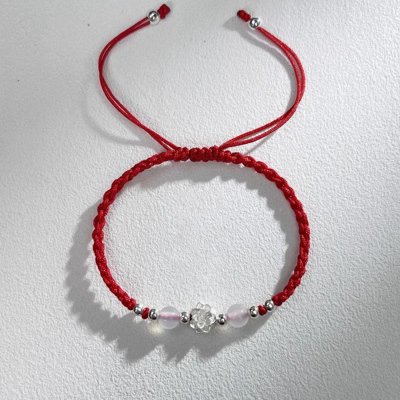 999 Sterling Silver Lotus Design Cat's Eye Bead Protection String Bracelet