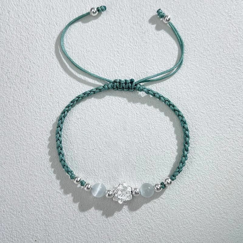 999 Sterling Silver Lotus Design Cat's Eye Bead Protection String Bracelet
