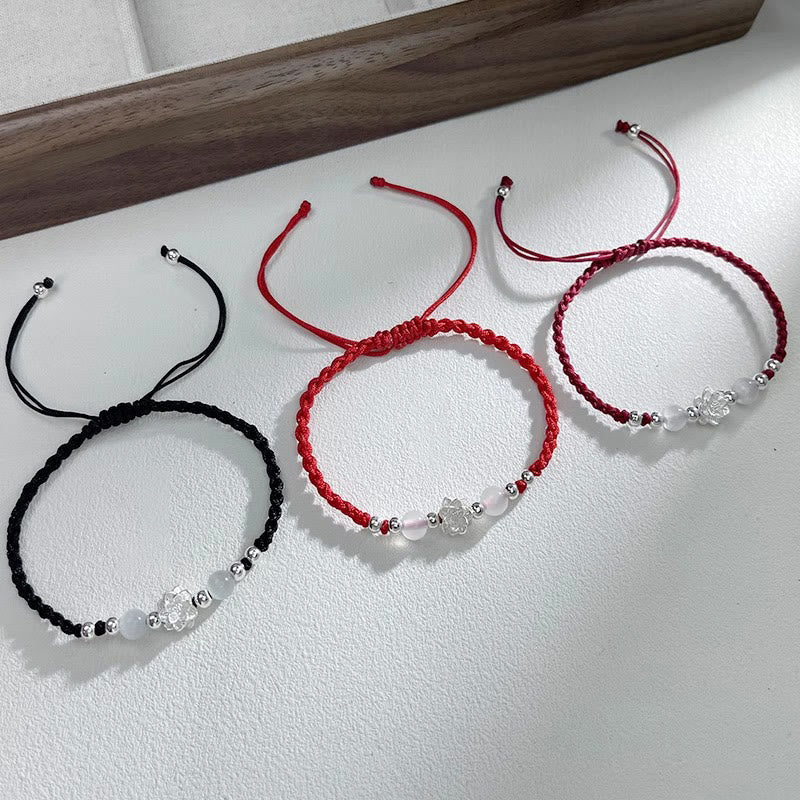 999 Sterling Silver Lotus Design Cat's Eye Bead Protection String Bracelet