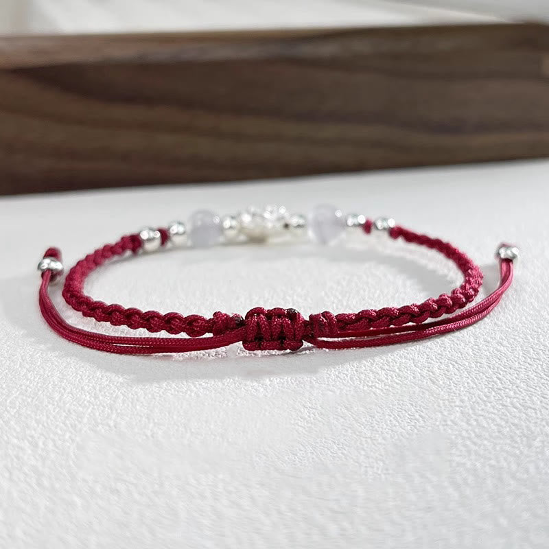 999 Sterling Silver Lotus Design Cat's Eye Bead Protection String Bracelet