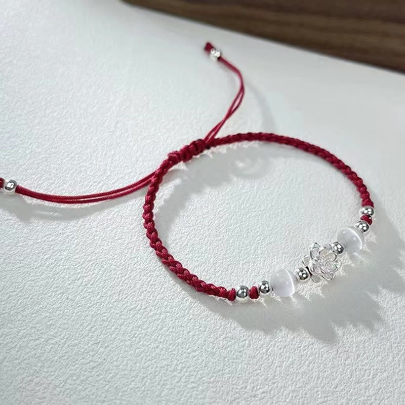 999 Sterling Silver Lotus Design Cat's Eye Bead Protection String Bracelet