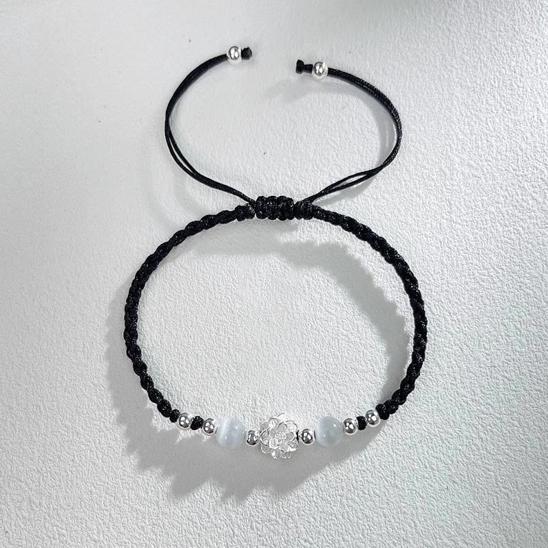 999 Sterling Silver Lotus Design Cat's Eye Bead Protection String Bracelet