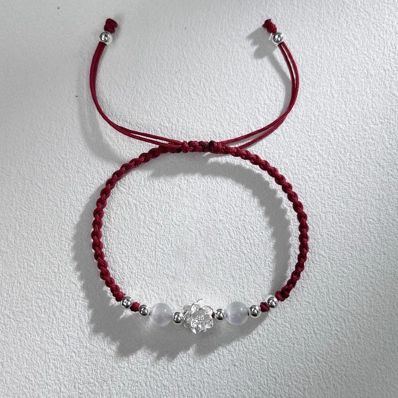 999 Sterling Silver Lotus Design Cat's Eye Bead Protection String Bracelet