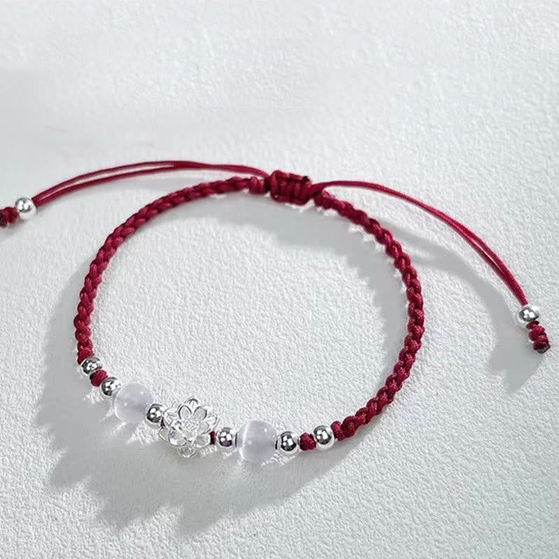 999 Sterling Silver Lotus Design Cat's Eye Bead Protection String Bracelet