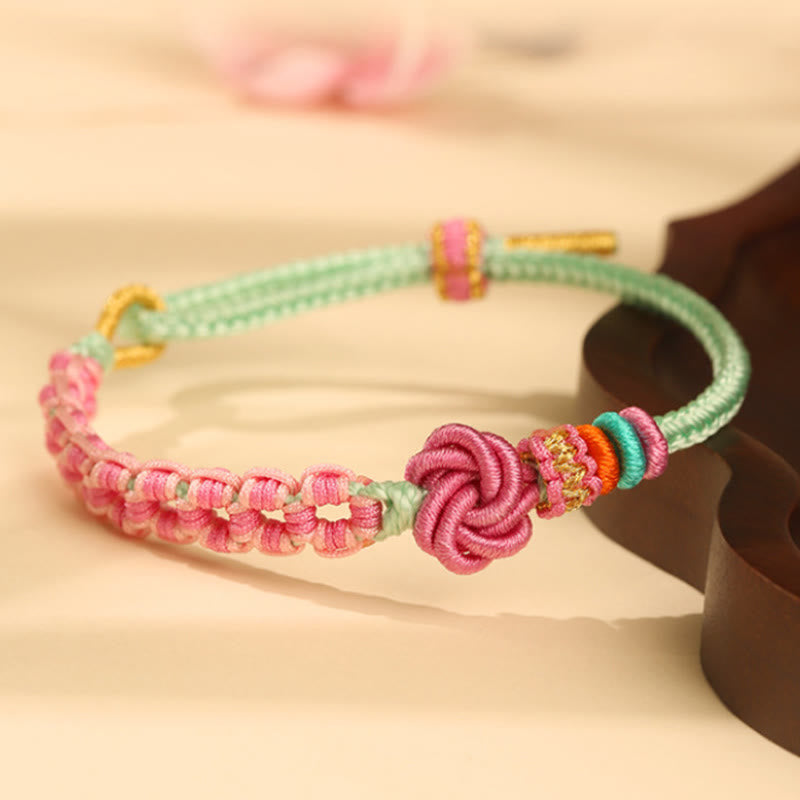 Handmade Pink Green Peach Blossom Knot Braided Bracelet