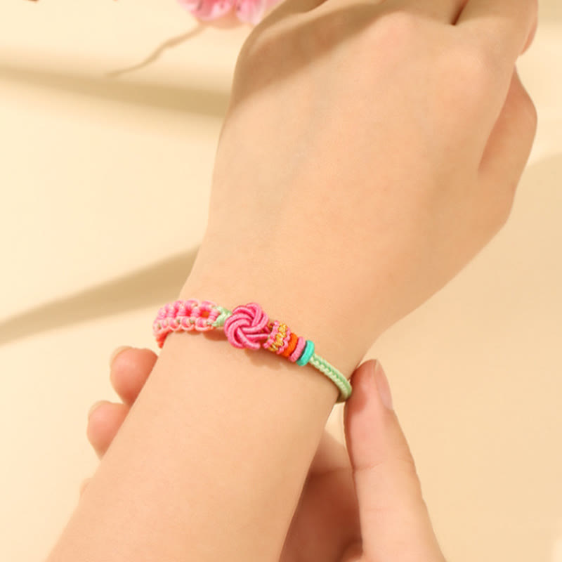 Handmade Pink Green Peach Blossom Knot Braided Bracelet