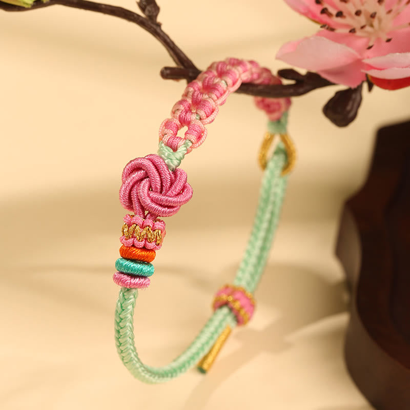 Handmade Pink Green Peach Blossom Knot Braided Bracelet