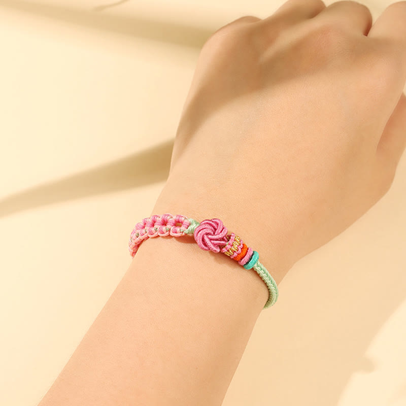 Handmade Pink Green Peach Blossom Knot Braided Bracelet