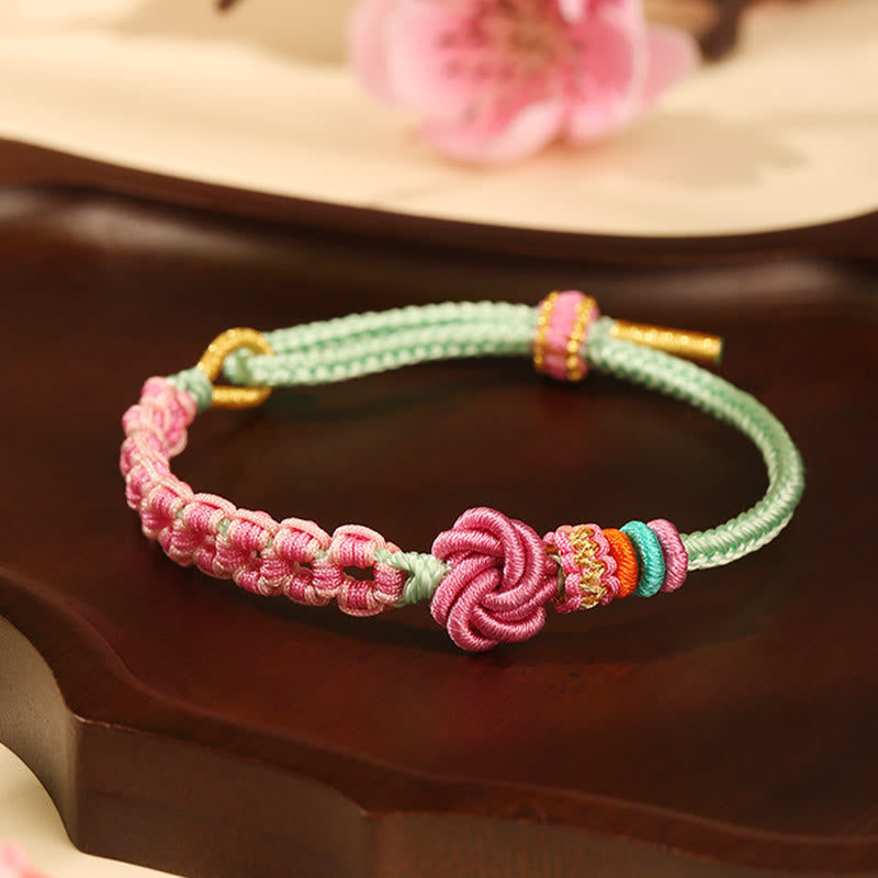 Handmade Pink Green Peach Blossom Knot Braided Bracelet