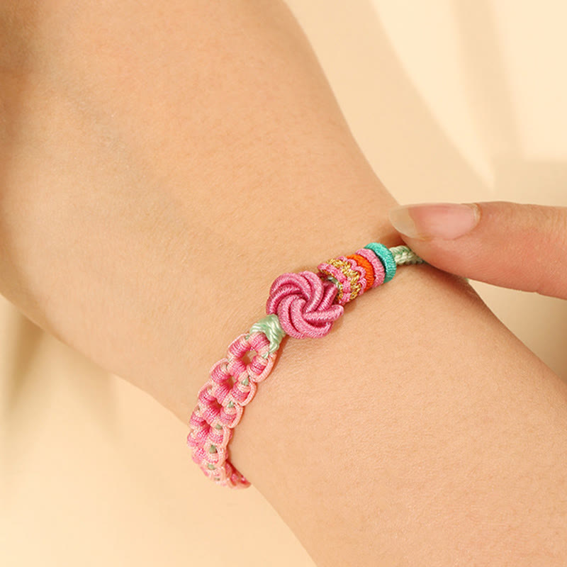 Handmade Pink Green Peach Blossom Knot Braided Bracelet