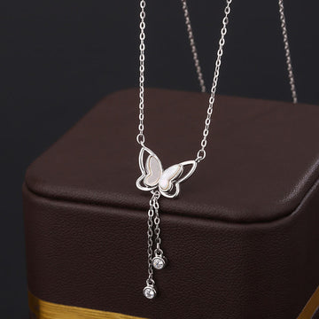 999 Sterling Silver Tridacna Stone Butterfly Calm Necklace Pendant