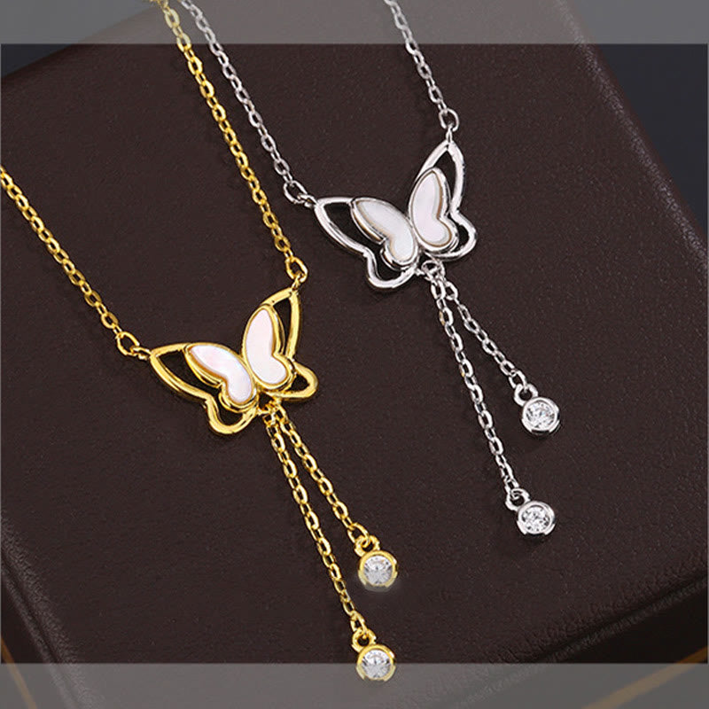 999 Sterling Silver Tridacna Stone Butterfly Calm Necklace Pendant