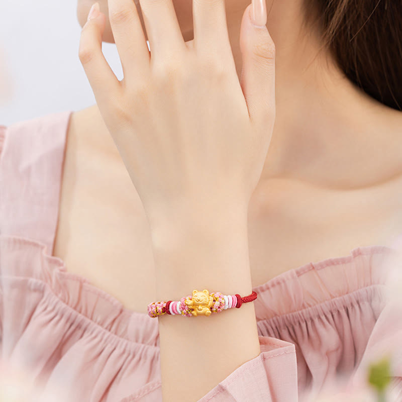 Handmade 999 Sterling Silver Fortune Cat Ingot Peach Blossom Luck Red Rope Bracelet