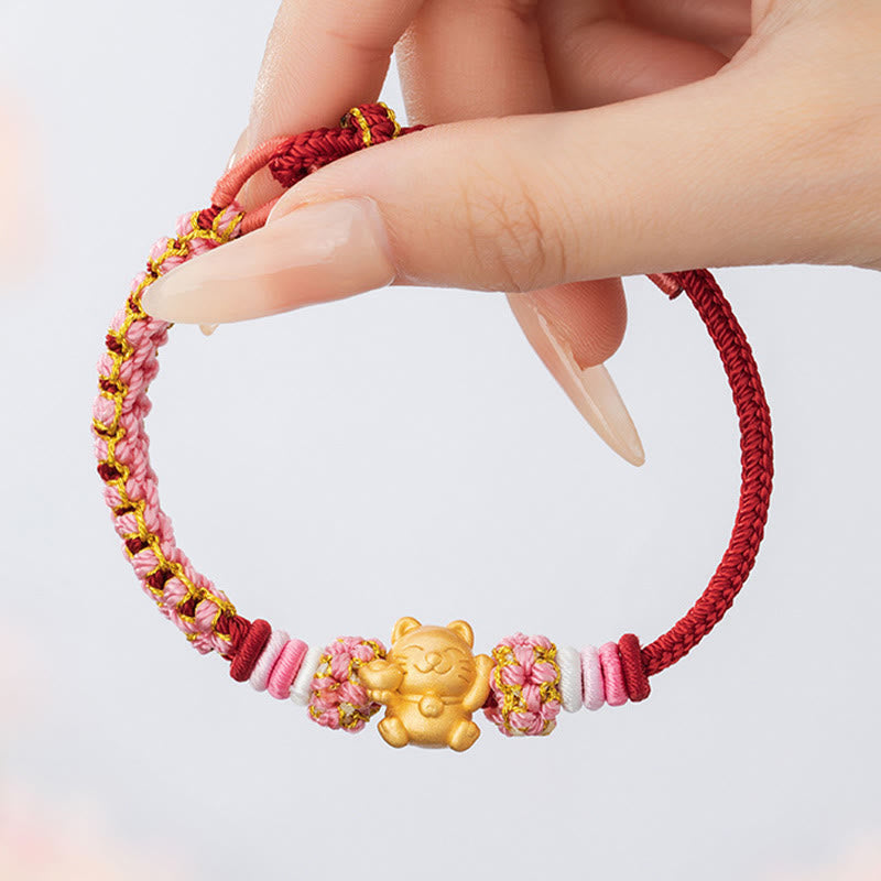 Handmade 999 Sterling Silver Fortune Cat Ingot Peach Blossom Luck Red Rope Bracelet