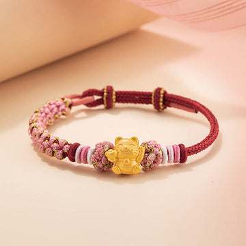 Handmade 999 Sterling Silver Fortune Cat Ingot Peach Blossom Luck Red Rope Bracelet