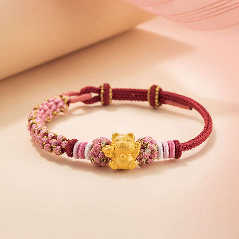 Handmade 999 Sterling Silver Fortune Cat Ingot Peach Blossom Luck Red Rope Bracelet