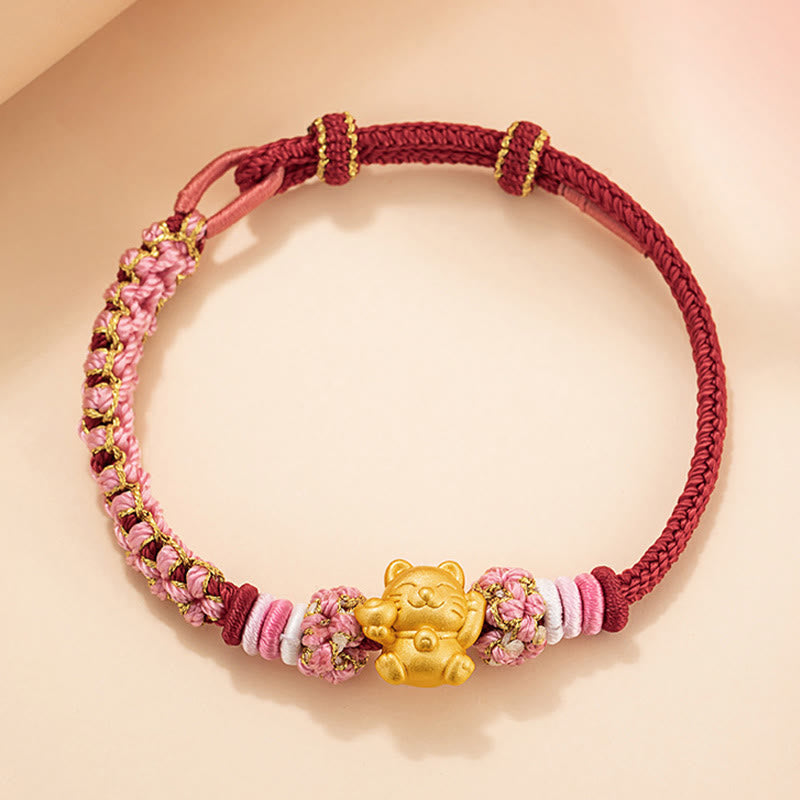 Handmade 999 Sterling Silver Fortune Cat Ingot Peach Blossom Luck Red Rope Bracelet