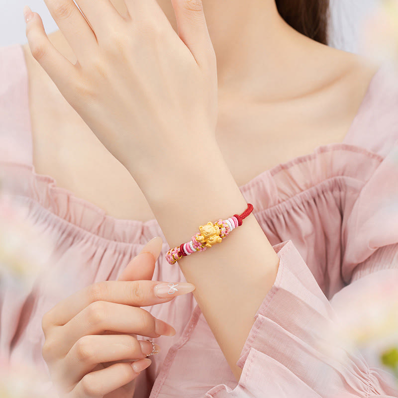 Handmade 999 Sterling Silver Fortune Cat Ingot Peach Blossom Luck Red Rope Bracelet